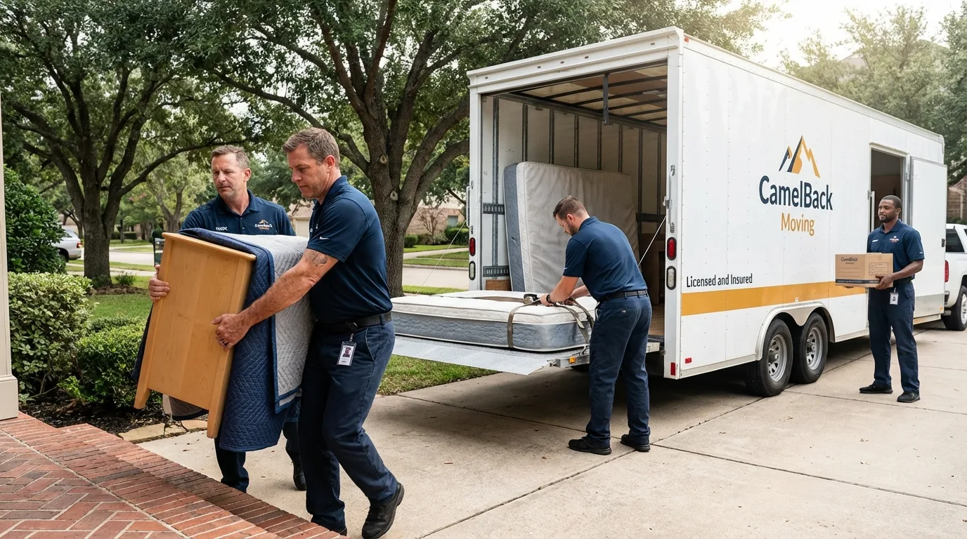 Crew loading residential truck for cross-state move from De Witt, AR