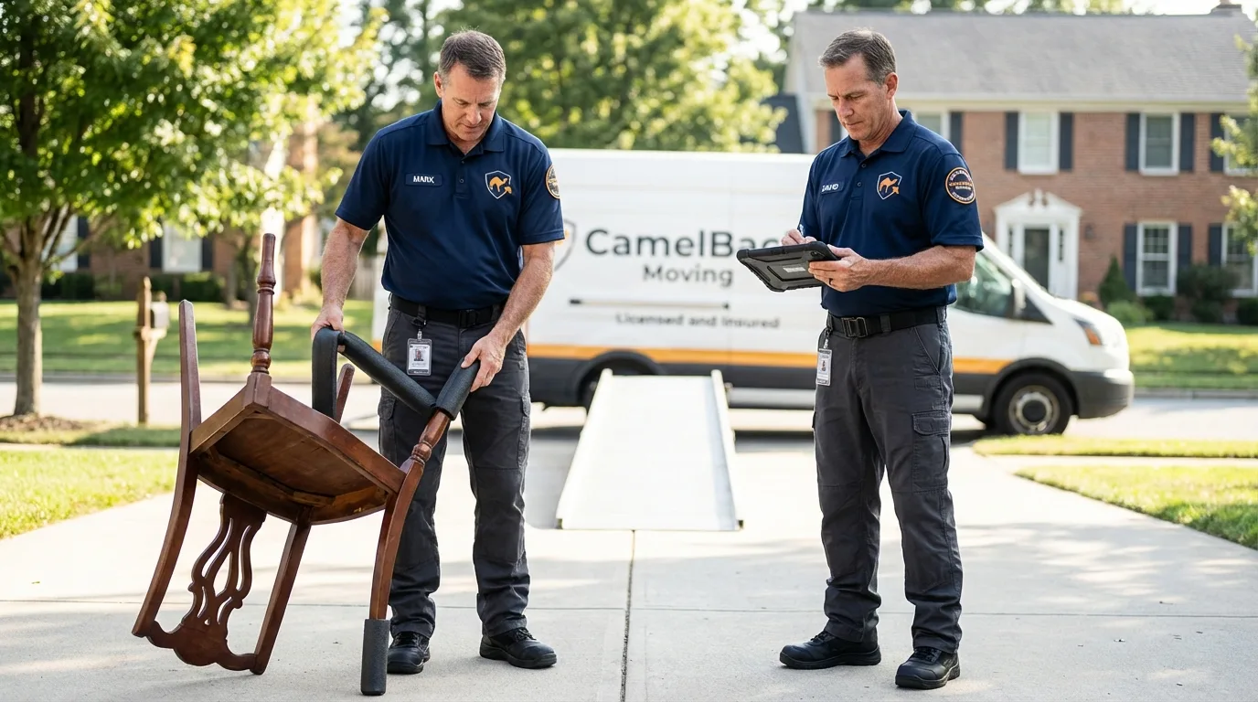 Movers inspecting furniture for damage prevention before loading in De Witt, AR